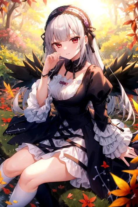 masterpiece, best quality, 1girl, <lyco:Suigintou-000011:1.0>, suigintou, hairband, detached collar, dress, thighhighs, wings, outdoors, nature