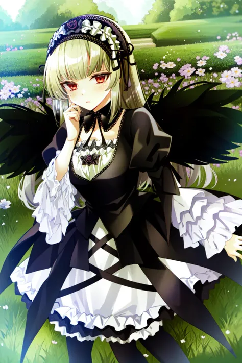 suigintou, hairband, detached collar, dress, thighhighs, wings, masterpiece, best quality, 1girl, outdoors, nature, <lyco:Teszt - Suigintou:1.0>