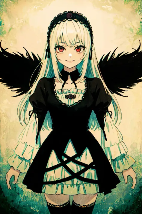 <lyco:Suigintou_loha_v1.0:0.9>suigintou, hairband, detached collar, dress, thighhighs, wings,
(best quality, masterpiece, RAW photo,ultra-detailed:1.2), <lyco:GoodHands-beta2:1.0>,1girl,solo,looking at viewer,smile