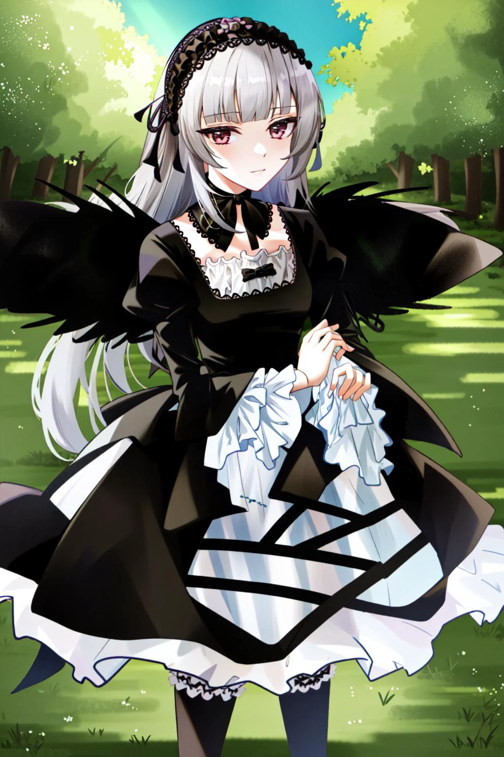suigintou, hairband, detached collar, dress, thighhighs, wings, masterpiece, best quality, 1girl, outdoors, nature, <lyco:Teszt - Suigintou:1.0>