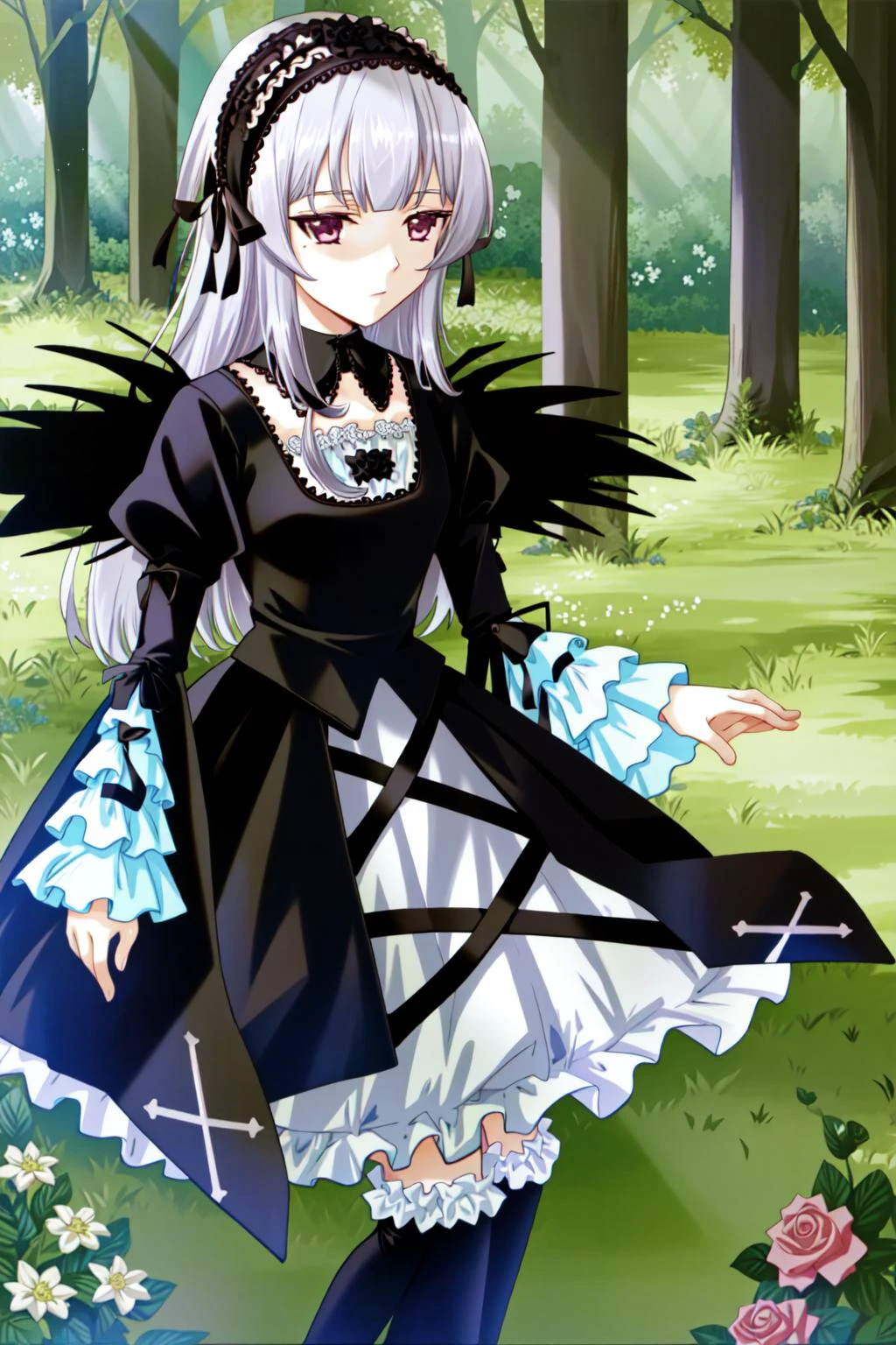 suigintou, hairband, detached collar, dress, thighhighs, wings, masterpiece, best quality, 1girl, outdoors, nature, <lyco:Teszt - Suigintou:1.0>
