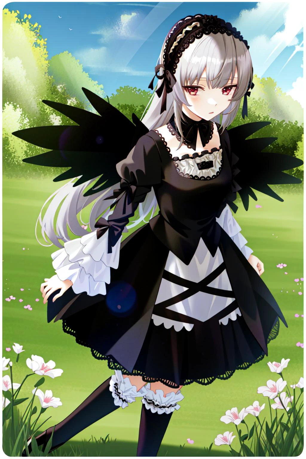 suigintou, hairband, detached collar, dress, thighhighs, wings, masterpiece, best quality, 1girl, outdoors, nature, <lyco:Teszt - Suigintou:1.0>