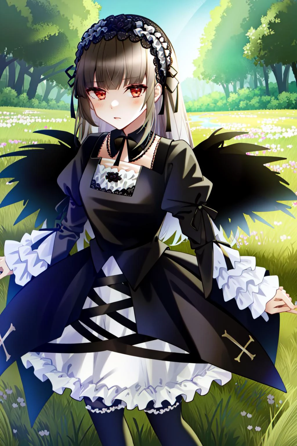 suigintou, hairband, detached collar, dress, thighhighs, wings, masterpiece, best quality, 1girl, outdoors, nature, <lyco:Teszt - Suigintou:1.0>