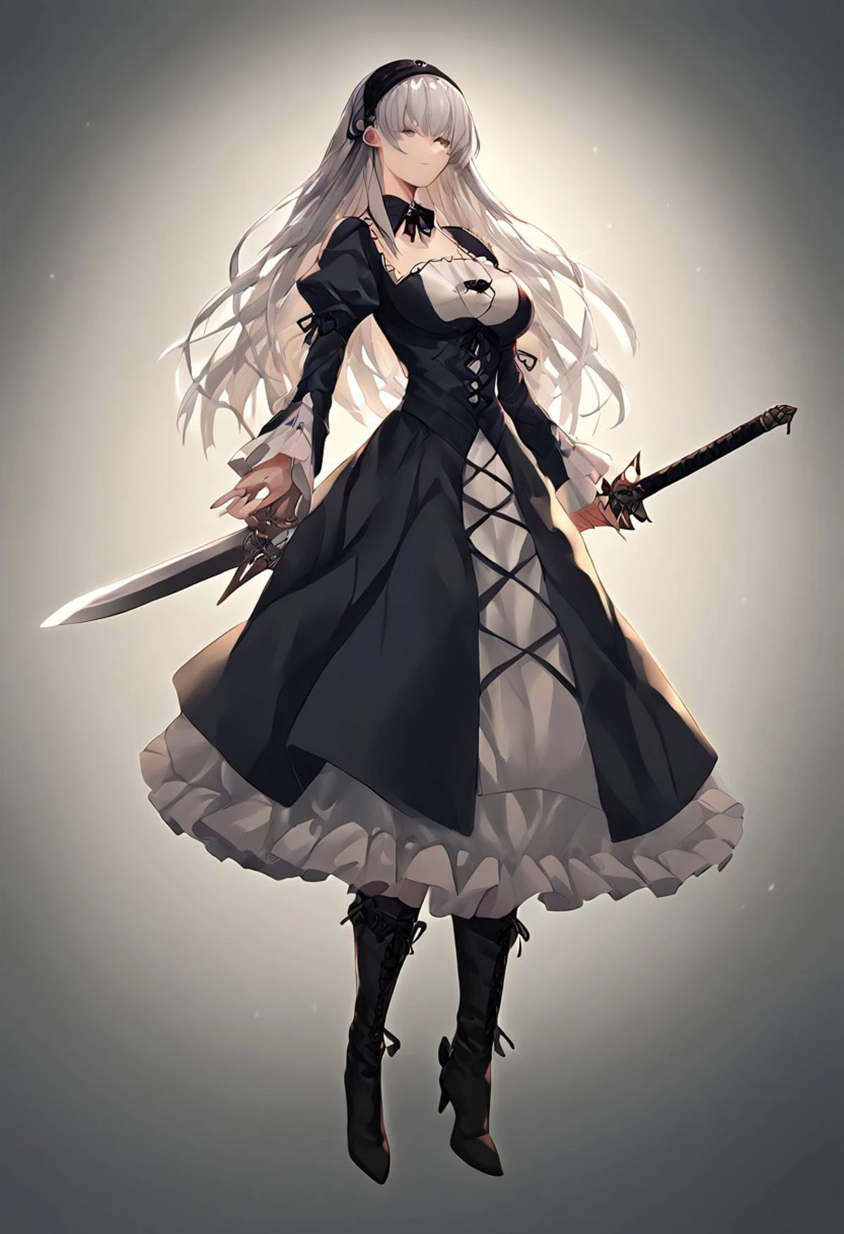 score_9, score_8_up, score_7_up, score_6_up, score_5_up, score_4_up, source_anime, 1girl,
suigintou, hairband, detached collar, dress, long hair, large breast, lace-up_boots, sword,
masterpiece, best quality, very aesthetic, absurdres,