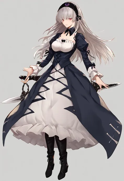 score_9, score_8_up, score_7_up, score_6_up, score_5_up, score_4_up, source_anime, 1girl, 
suigintou, hairband, detached collar, dress, long hair, large breast, lace-up_boots, sword, 
masterpiece, best quality, very aesthetic, absurdres,