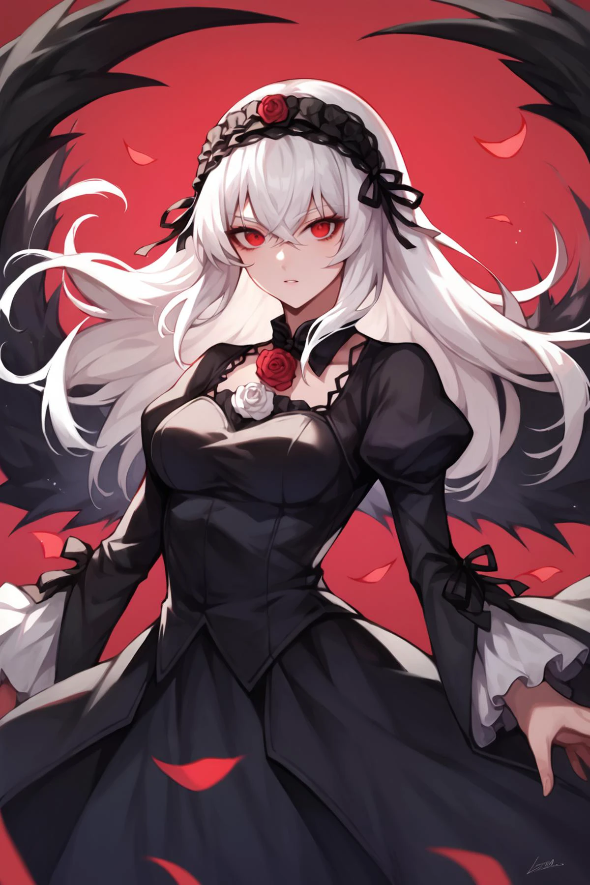 score_9, score_8_up, score_7_up, source_anime ,highly detail,1girl,suigintou, white hair, hairband, red eyes, breasts,long hair, <lora:Suigintou:0.9>,realistic,( crossed bangs), looking at viewer,floating long hair,black dressï¼rose,dynamic pose, large black wings,red moon, standing on lamppost,, masterpiece, best quality,
