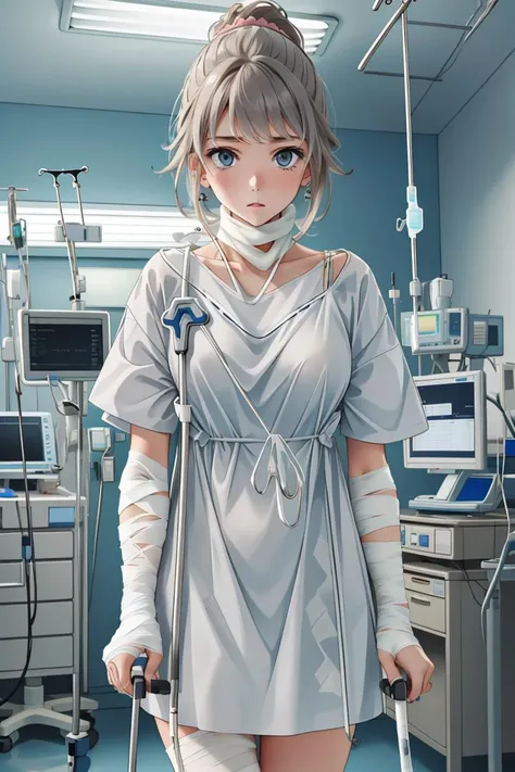 (RAW photo, best quality,facing the viewer,from front), operating room, overhead surgical light,blurred background, focused, dithering,backlighting,
<lora:CM_Patient_Bandaged_V2.0-000004:0.8> patient_bandaged, 1girl, solo, hospital bed, intravenous drip, bandages, monitor,
 <lora:gundam_hoshino:0.682> hoshino fumina, 1girl, large_breasts, looking_at_viewer,