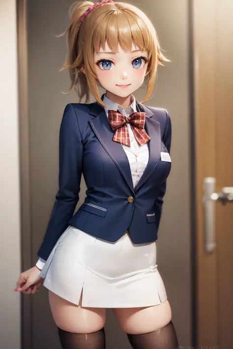 (masterpiece, best quality:1.2), <lora:gundam_hoshino-10:1>, cowboy shot, solo, 1girl, hoshino fumina, smile, looking at viewer, arms behind back, blue blazer, red bow, white microskirt
