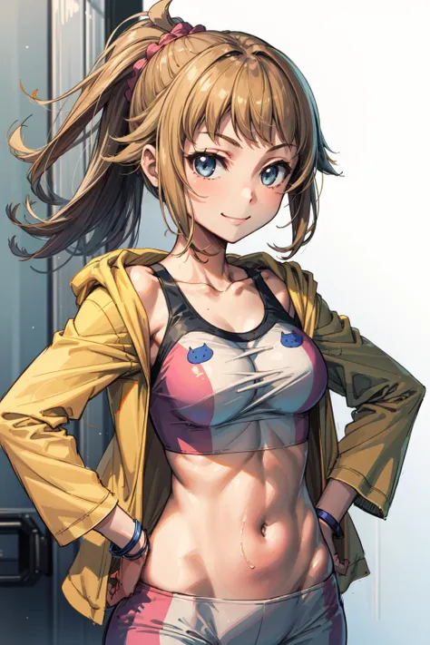 masterpiece,best quality,1girl,hoshino fumina,yellow jacket,open jacket,sports bra,bike shorts,midriff,smile,hands on hips,<lora:gundam_hoshino:1>,