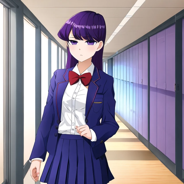 ((komi shouko)), ((komi_san)), masterpiece, komi-san_wa_komyushou_desu, purple_hair, Expressionless, purple_eyes, school_uniform, school hallway, detailed, embellishments