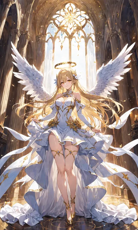 1girl, solo, long hair, breasts, looking at viewer, smile, bangs, skirt, blonde hair, navel, hair between eyes, bare shoulders, medium breasts, very long hair, full body, yellow eyes, detached sleeves, wings, white dress, halo, white skirt, feathered wings, angel wings, white wings, angel, multiple wings, gold footwear, masterpiece
, masterpiece, best quality, score_9, score_8_up, score_7_up, ultra-detailed,