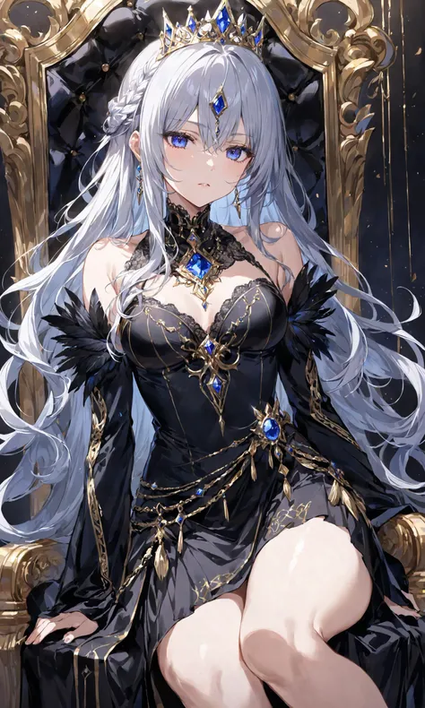 (((masterpiece))), best quality, illustration, (beautiful detailed girl), a girl , solo, bare shoulders, flat_chst, diamond and glaring eyes, beautiful detailed cold face, very long blue and sliver hair, floaing black feathers, wavy hair, black and white sleeves, gold and sliver fringes, a (blackhole) behind the girl, a silver triple crown inlaid with obsidian, (sit) on the black ((throne)), (depth) of (field),
, masterpiece, best quality, score_9, score_8_up, score_7_up, ultra-detailed,