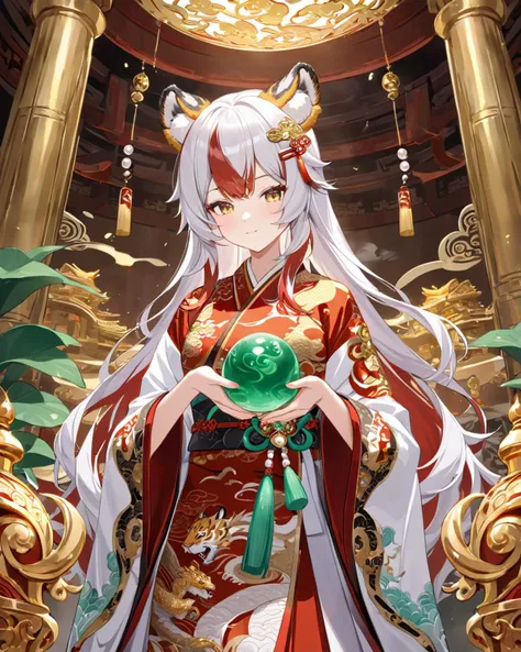 Clothing: Intricate embroidery on a silk dragon robe,with pearls and jade ornaments.,
Scene: Inside an ancient temple,surrounded by incense smoke and golden idols.,
Girl: Long,flowing hair with dragonfly-shaped hairpins,holding a dragon-shaped jade pendant.,<lyco:jbxl16:0.7>,tiger ears, (White hair,red hair,multicolored hair)