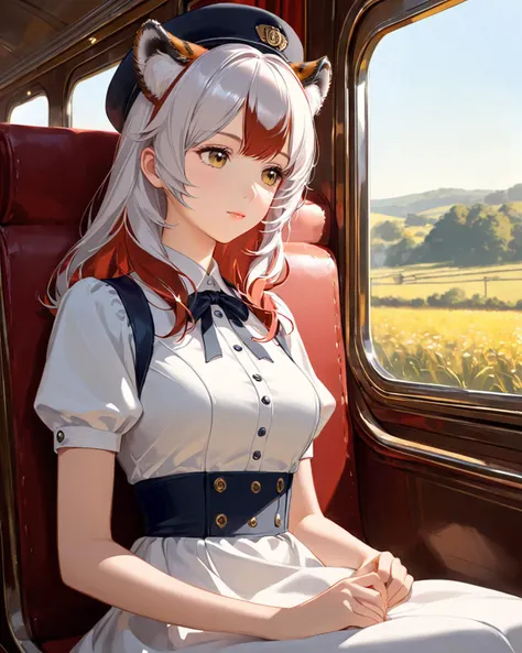 score_9,score_8_up,score_7_up,semi-realistic,1girl,European,sitting on a vintage train,wearing a 1940s-style dress and hat,plush seats and large windows showing passing countryside in the background,golden afternoon light creating a nostalgic feel,close-up shot with warm,ambient lighting,capturing the romantic and historical atmosphere of the train,her expression is wistful and contemplative.,
<lyco:jbxl16:0.7>,tiger ears,(White hair,red hair,multicolored hair),