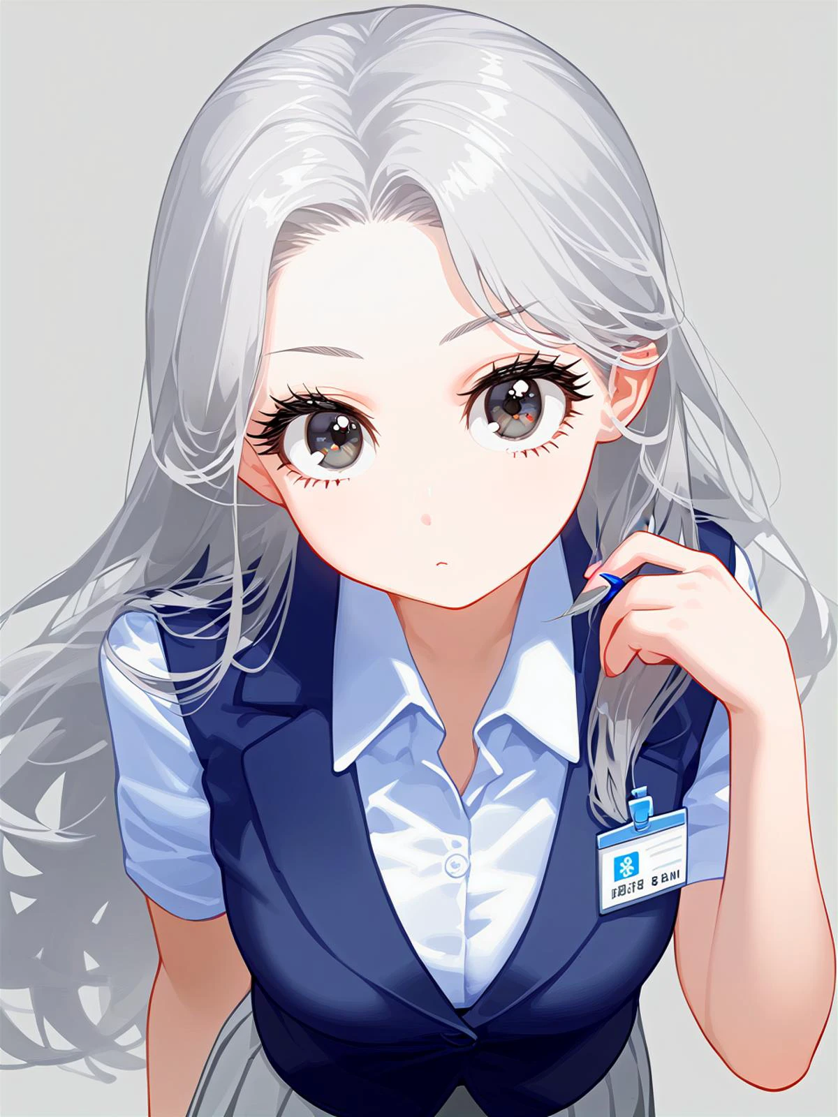 1girl,office_lady,,white pleated skirt,white short shan,round face,long_eyelashes,silver hair,long hair,
