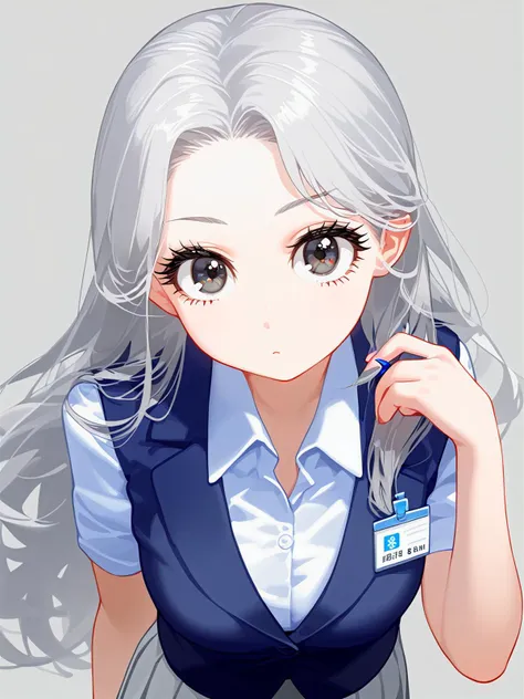 1girl,office_lady,teen,white pleated skirt,white short shan,round face,long_eyelashes,silver hair,long hair,