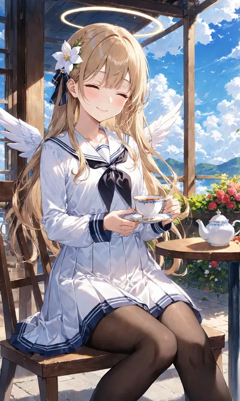 1girl, solo, long hair, smile, bangs, blonde hair, hair ornament, long sleeves, dress, holding, hair between eyes, sitting, closed mouth, school uniform, closed eyes, flower, pantyhose, outdoors, food, wings, sky, day, cloud, hair flower, sailor collar, white dress, cup, blue sky, neckerchief, black pantyhose, feet out of frame, halo, table, light brown hair, teacup, white wings, teapot, black neckerchief, saucer
, masterpiece, best quality, score_9, score_8_up, score_7_up, ultra-detailed,