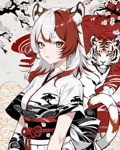 T-shirt monochrome vector illustration: Cherry tree,Japanese ukiyo-e elements,1girl,<lyco:jbxl16:0.7>,tiger ears,(White hair,red hair,multicolored hair),