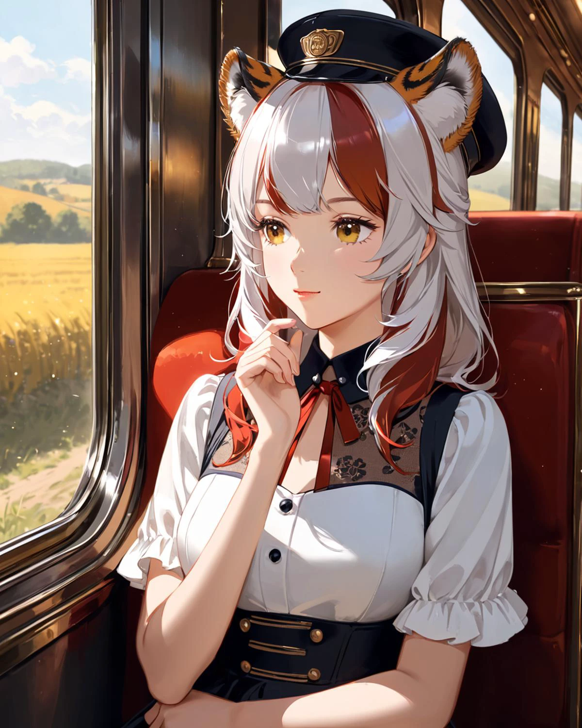score_9,score_8_up,score_7_up,semi-realistic,1girl,European,sitting on a vintage train,wearing a 1940s-style dress and hat,plush seats and large windows showing passing countryside in the background,golden afternoon light creating a nostalgic feel,close-up shot with warm,ambient lighting,capturing the romantic and historical atmosphere of the train,her expression is wistful and contemplative.,
<lyco:jbxl16:0.7>,tiger ears,(White hair,red hair,multicolored hair),