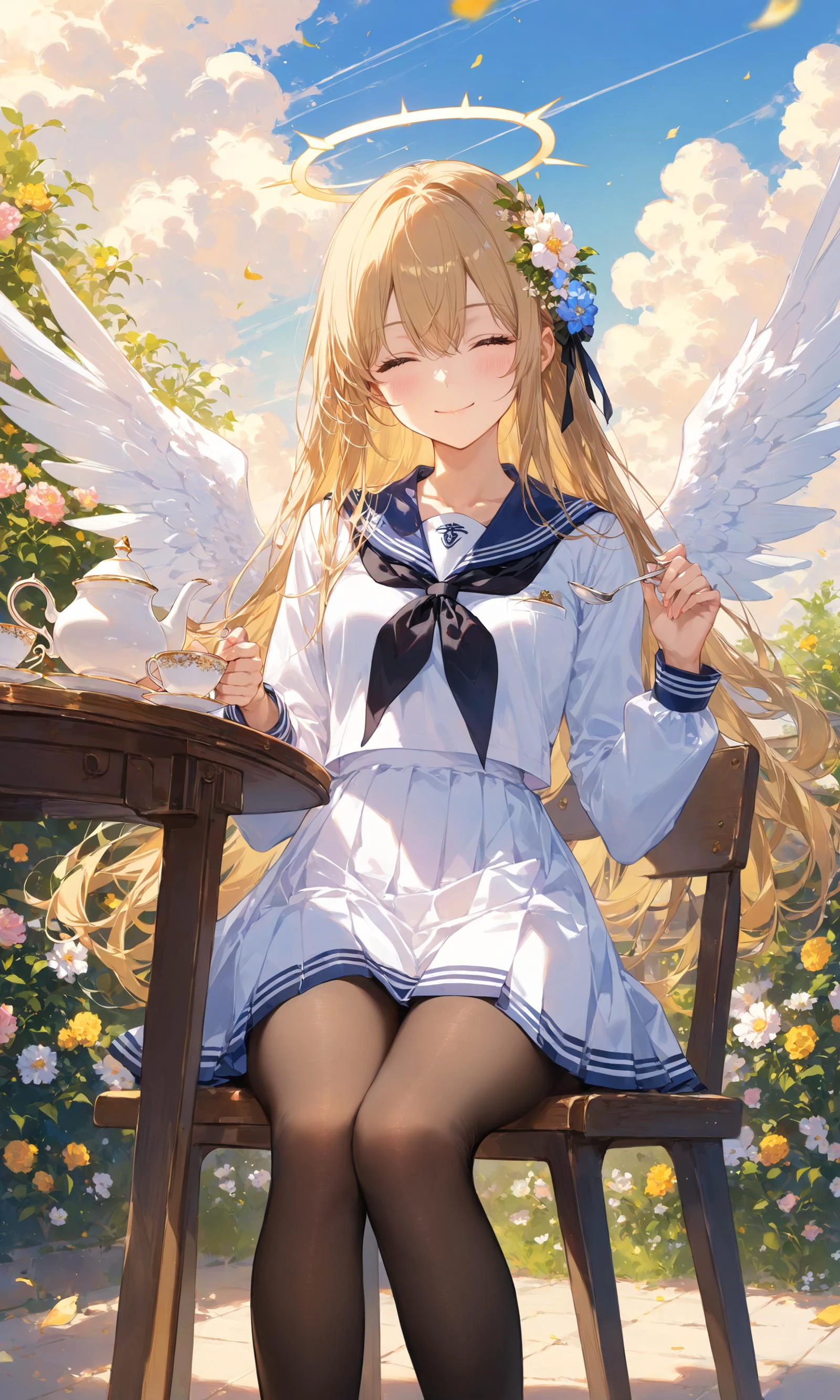 1girl, solo, long hair, smile, bangs, blonde hair, hair ornament, long sleeves, dress, holding, hair between eyes, sitting, closed mouth, school uniform, closed eyes, flower, pantyhose, outdoors, food, wings, sky, day, cloud, hair flower, sailor collar, white dress, cup, blue sky, neckerchief, black pantyhose, feet out of frame, halo, table, light brown hair, teacup, white wings, teapot, black neckerchief, saucer
masterpiece, best quality, score_9, score_8_up, score_7_up, ultra-detailed, Best-A, Medium-B, Low-C, Bad-D,