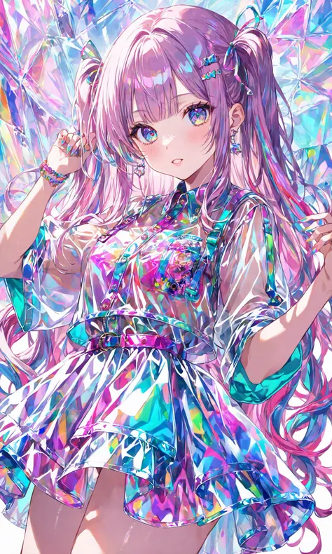 transparent color PVC clothing, transparent color vinyl clothing, prismatic, holographic, chromatic aberration, fashion illustration, masterpiece, girl with harajuku fashion, looking at viewer, 8k, ultra detailed, pixiv
, masterpiece, best quality, score_9, score_8_up, score_7_up, ultra-detailed,