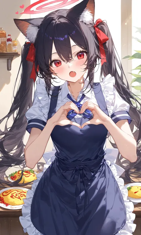 1girl, solo, long hair, looking at viewer, blush, open mouth, bangs, black hair, red eyes, ribbon, animal ears, hair between eyes, twintails, very long hair, hair ribbon, short sleeves, heart, food, fang, indoors, cat ears, apron, animal ear fluff, halo, heart hands, omelet, omurice, sensei \(blue archive\) 
masterpiece, best quality, score_9, score_8_up, score_7_up, ultra-detailed, Best-A, Medium-B, Low-C, Bad-D,