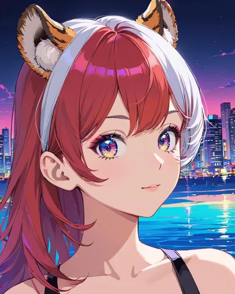 (masterpiece, best quality, beautiful detailed eyes, ultra-detailed, finely detail, highres, perfect anatomy),(coloful pop art),colorful,Pastel Colors,(1 cute girl),(city pop illustration:1.5),simple background,retro style,(vaporwave city pop),Makoto Shinkai style,(Night view),(80's city pop art),(sea, beach, summer),80's fashion,Horizon,80's,<lyco:jbxl16:0.7>,tiger ears,(White hair,red hair,multicolored hair),