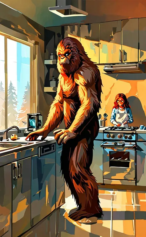a angry sasquatch and beauty woman in holograms in a in the kitchen in the style of thick oil painting, dawn atmosphere, <lora:sdxl_lightning_8step_lora.safetensors:0.7>