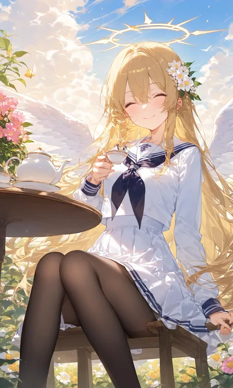 1girl, solo, long hair, smile, bangs, blonde hair, hair ornament, long sleeves, dress, holding, hair between eyes, sitting, closed mouth, school uniform, closed eyes, flower, pantyhose, outdoors, food, wings, sky, day, cloud, hair flower, sailor collar, white dress, cup, blue sky, neckerchief, black pantyhose, feet out of frame, halo, table, light brown hair, teacup, white wings, teapot, black neckerchief, saucer
masterpiece, best quality, score_9, score_8_up, score_7_up, ultra-detailed, Best-A, Medium-B, Low-C, Bad-D,