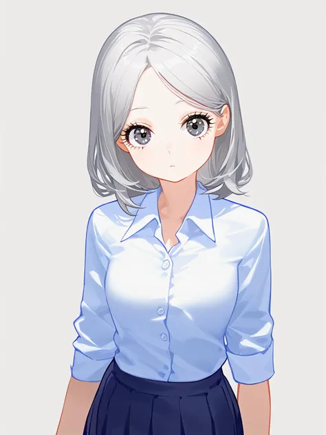 1girl,office_lady,teen,white pleated skirt,white short shan,round face,long_eyelashes,centre parting bangs,silver hair,