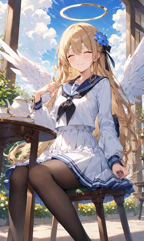 1girl, solo, long hair, smile, bangs, blonde hair, hair ornament, long sleeves, dress, holding, hair between eyes, sitting, closed mouth, school uniform, closed eyes, flower, pantyhose, outdoors, food, wings, sky, day, cloud, hair flower, sailor collar, white dress, cup, blue sky, neckerchief, black pantyhose, feet out of frame, halo, table, light brown hair, teacup, white wings, teapot, black neckerchief, saucer
,masterpiece, best quality, score_9, score_8_up, score_7_up, ultra-detailed, Best-A, Medium-B, Low-C, Bad-D,