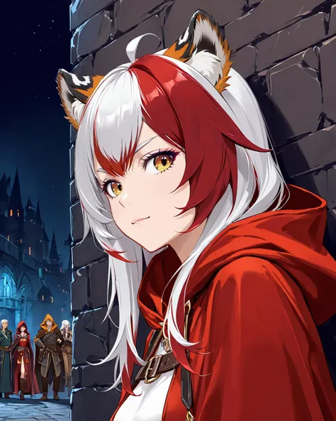 a beautiful evil female scoundrel vit a red cloack and hood,hidden behind a wall,watching a caravan of rich men,dungeons and dragons stylr,fantasu,vibrant colors,night,
<lyco:jbxl16:0.7>,tiger ears,(White hair,red hair,multicolored hair),