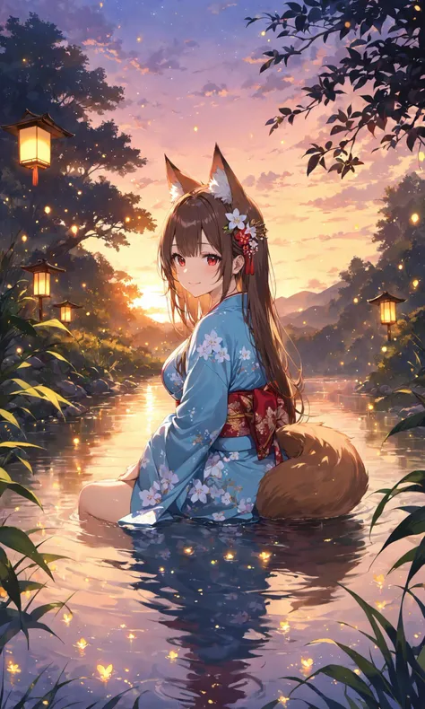 1girl, long hair, animal ears, brown hair, masterpiece, red eyes, smile, outdoors, tree, landscape, kimono, fox tail, looking at viewer, sunset, sitting, river, water, fireflies, nature, hair ornament, medium breasts, partially submerged,
,masterpiece, best quality, score_9, score_8_up, score_7_up, ultra-detailed, Best-A, Medium-B, Low-C, Bad-D,