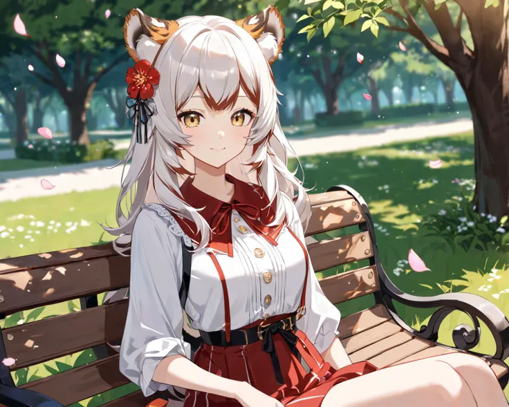 cute 1girl,light smile,sitting on bench in garden,fashionable,trendy outfit,hair ornament,(dappled sunlight:1.2),blurry,(depth of field:1.1),head tilt,(fluttering petals),tree,
<lyco:jbxl16:0.8>,tiger ears,(White hair with some red hair),