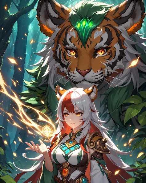 1girl,druid,detailed face casting spells long hair wind glowing particles fantasy,shadows dramatic lighting forest world of warcraft,amazing quality,best quality,high quality,<lyco:jbxl16:0.7>,tiger ears,(White hair,red hair,multicolored hair),