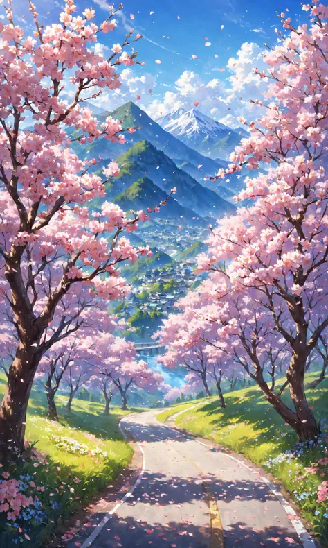 flower, outdoors, sky, day, blurry, tree, blue sky, petals, no humans, depth of field, cherry blossoms, scenery, mountain, road
, masterpiece, best quality, score_9, score_8_up, score_7_up, ultra-detailed,