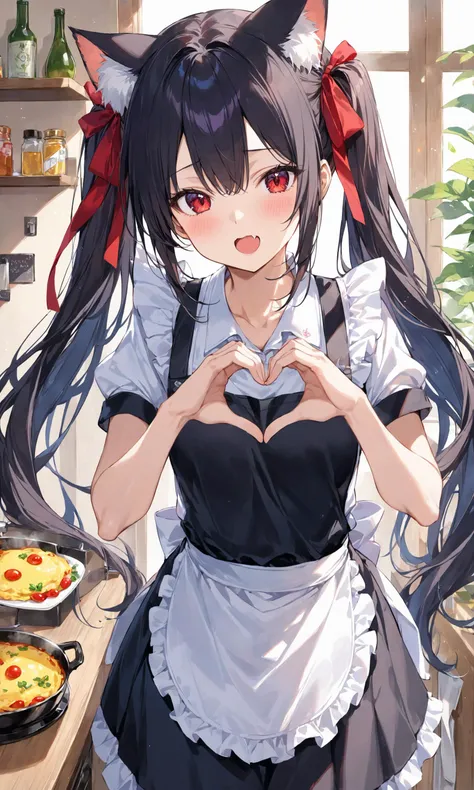 1girl, solo, long hair, looking at viewer, blush, open mouth, bangs, black hair, red eyes, ribbon, animal ears, hair between eyes, twintails, very long hair, hair ribbon, short sleeves, heart, food, fang, indoors, cat ears, apron, animal ear fluff, halo, heart hands, omelet, omurice, sensei \(blue archive\)
,masterpiece, best quality, score_9, score_8_up, score_7_up, ultra-detailed, Best-A, Medium-B, Low-C, Bad-D,