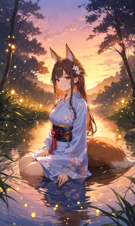 1girl, long hair, animal ears, brown hair, masterpiece, red eyes, smile, outdoors, tree, landscape, kimono, fox tail, looking at viewer, sunset, sitting, river, water, fireflies, nature, hair ornament, medium breasts, partially submerged,
masterpiece, best quality, score_9, score_8_up, score_7_up, ultra-detailed, Best-A, Medium-B, Low-C, Bad-D,