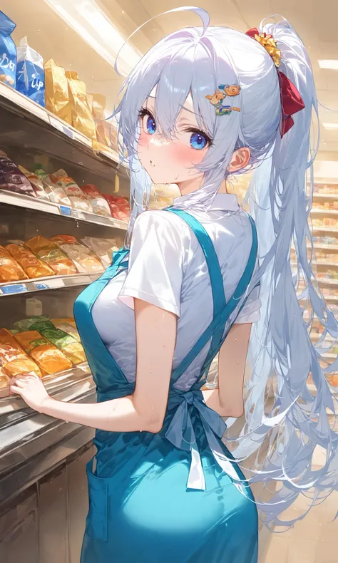 1girl, solo, long hair, looking at viewer, blush, bangs, blue eyes, shirt, hair ornament, hair between eyes, very long hair, white shirt, ponytail, ahoge, white hair, short sleeves, sweat, looking back, from behind, apron, shop, convenience store ,
masterpiece, best quality, score_9, score_8_up, score_7_up, ultra-detailed, Best-A, Medium-B, Low-C, Bad-D,