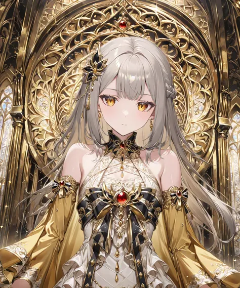 ultra detailed 8k cg,intricate detail,delicate patern,jewelry,gem,gold,golden,gold theme,shiny,glint,sparkle,blonde hair,yellow cloak,yellow eyes,rich,prestige,gothic architecture,
<lyco:lelexl02:0.8>,red eyes,grey hair,