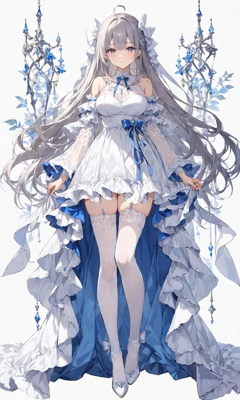 1girl, solo, long hair, breasts, bangs, simple background, thighhighs, white background, dress, bow, bare shoulders, jewelry, very long hair, closed mouth, full body, ahoge, grey hair, frills, detached sleeves, wide sleeves, white dress, high heels, white thighhighs, see-through, grey eyes, garter straps, white footwear, white bow, gem, white theme
, masterpiece, best quality, score_9, score_8_up, score_7_up, ultra-detailed,