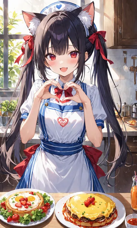 1girl, solo, long hair, looking at viewer, blush, open mouth, bangs, black hair, red eyes, ribbon, animal ears, hair between eyes, twintails, very long hair, hair ribbon, short sleeves, heart, food, fang, indoors, cat ears, apron, animal ear fluff, halo, heart hands, omelet, omurice, sensei \(blue archive\)
, masterpiece, best quality, score_9, score_8_up, score_7_up, ultra-detailed,