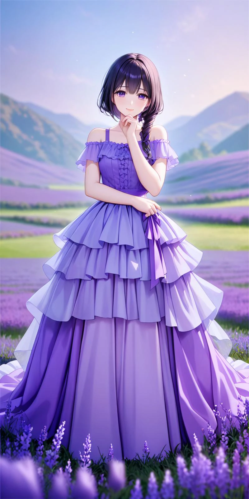 professional art of a woman,
black hair, violet dress, violet eyes, lavender flowers field on bg,
wildcards used,
best quality, highres, 4k,
<lora:RMSDXL_Enhance:0.25>, <lora:PAseer-SDXL-LCM+Turbo:0.25>