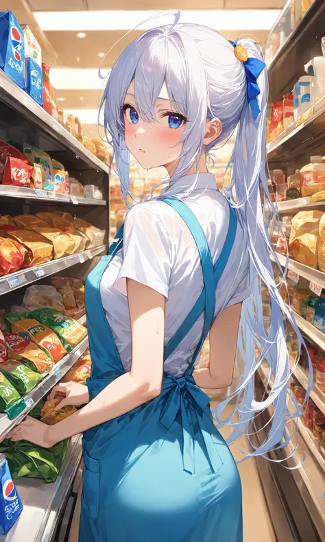 1girl, solo, long hair, looking at viewer, blush, bangs, blue eyes, shirt, hair ornament, hair between eyes, very long hair, white shirt, ponytail, ahoge, white hair, short sleeves, sweat, looking back, from behind, apron, shop, convenience store ,
masterpiece, best quality, score_9, score_8_up, score_7_up, ultra-detailed, Best-A, Medium-B, Low-C, Bad-D,