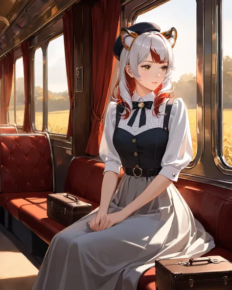 score_9,score_8_up,score_7_up,semi-realistic,1girl,White,Caucasian,European,sitting on a vintage train,wearing a 1940s-style dress and hat,holding a small suitcase,plush seats and large windows showing passing countryside in the background,golden afternoon light creating a nostalgic feel,close-up shot with warm,ambient lighting,capturing the romantic and historical atmosphere of the train,her expression is wistful and contemplative.,
<lyco:jbxl16:0.7>,tiger ears,(White hair,red hair,multicolored hair),