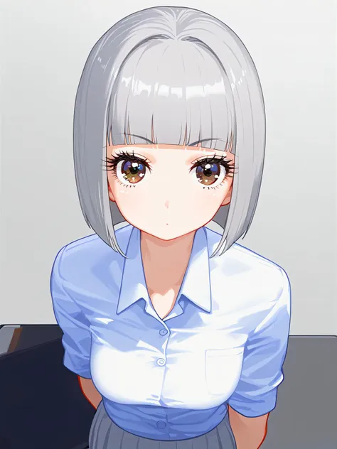 1girl,office_lady,teen,white pleated skirt,white short shan,round face,long_eyelashes,silver hair,hime cut,