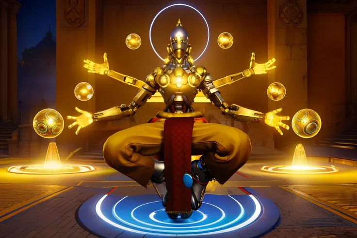 zenyatta, omnic, robot, slanted eyes, blue lights, orbs, red fabric,yellow pants, sandals,
glowing yellow, godly pose, aura, GAZE INTO THE IRIS,
outside, vatican, simple background, extremely detailed, hdr, absurdres, <lora:Zenyatta:.8>