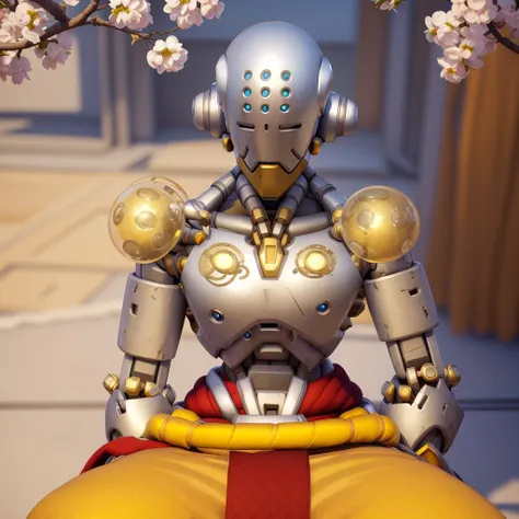 zenyatta, yellow pants, sandals, overwatch, omnic, robot, slanted eyes, blue lights, orbs, red fabric,
sitting, on ground, meditating, holding glowing orb, outside, japanese garden, beautiful detail, twilight sky, hdr, absurdres, <lora:Zenyatta:.8>