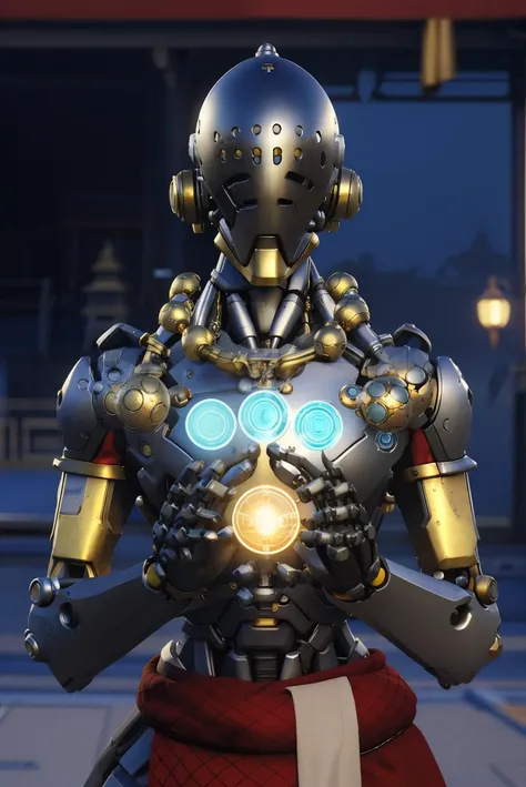 zenyatta, overwatch, omnic, robot, slanted eyes, blue lights, floating orbs necklace, red fabric,close up shot,
outside, buddhist temple, simple background, extremely detailed, hdr, absurdres, <lora:Zenyatta:.8>