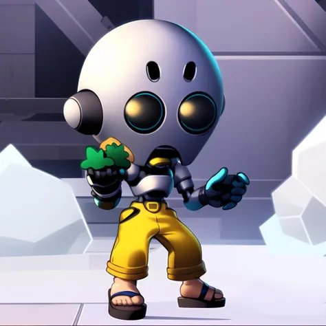 <lora:SockFuStyle-10:0.8>,   
full body, chibi,  
 ice, herb garnish <lora:Zenyatta:0.5> zen, omnic, robot, yellow pants, slanted eyes, sandals,